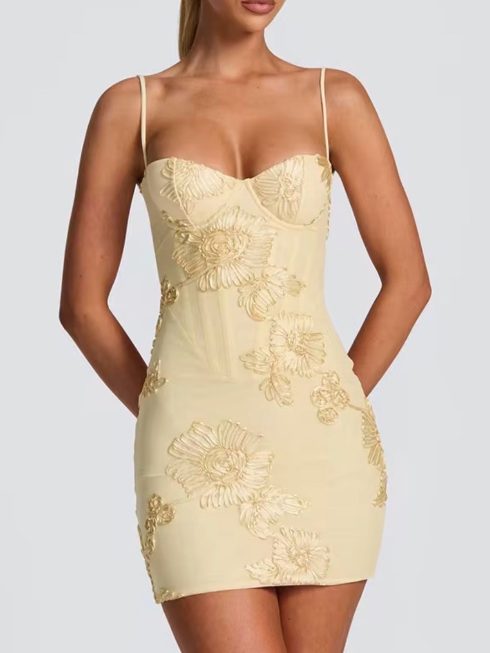 Elegant Yellow Floral Embroidered Mini Dress